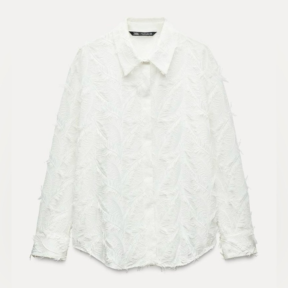 ZARA White Textured Fringed Button-Up Blouse | XL | NWT | Beautiful - Picture 7 of 14